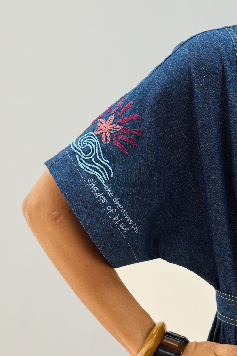 Shades Of Blue Sustainable Denim Dress cotton by Sui in blue color for women Worldwide