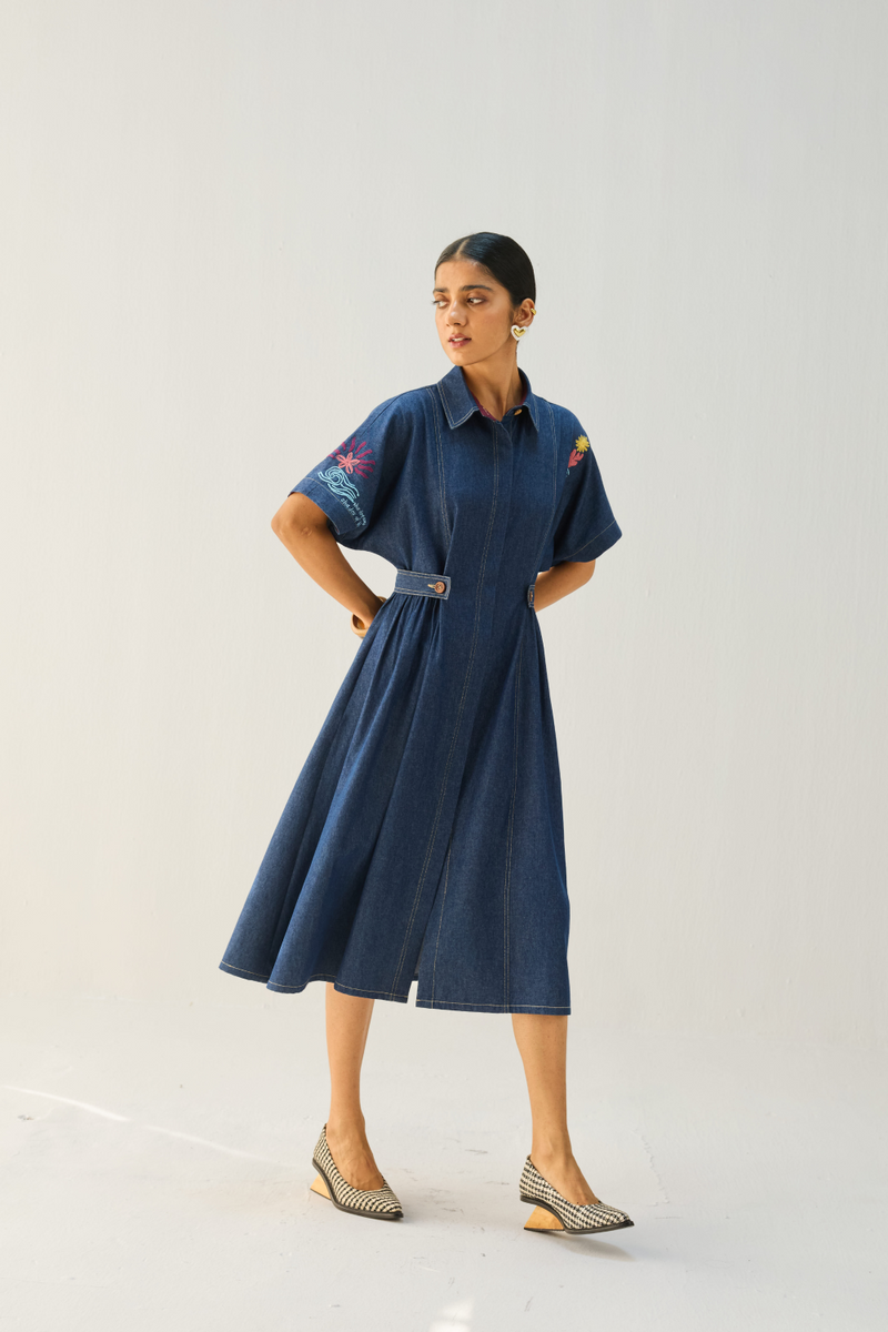 Shades Of Blue Sustainable Denim Dress cotton by Sui in blue color for women Worldwide