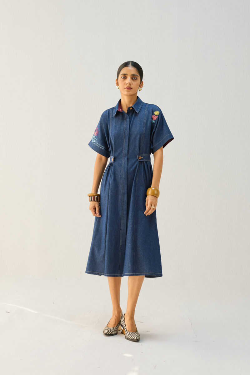 Shades Of Blue Sustainable Denim Dress cotton by Sui in blue color for women Worldwide