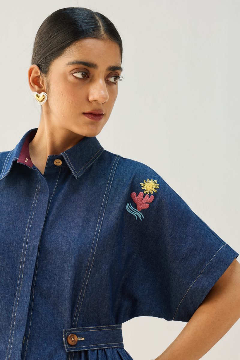 Shades Of Blue Sustainable Denim Dress cotton by Sui in blue color for women Worldwide
