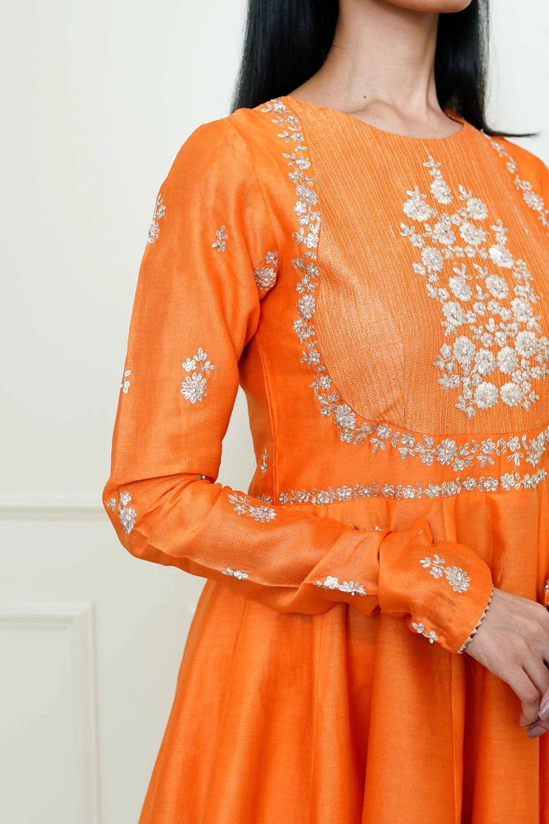 Shahana Peplum kurta with garara and dupatta-Pumpkin orange & scarlet red silk by SHEETAL BATRA in orange color for women Worldwide