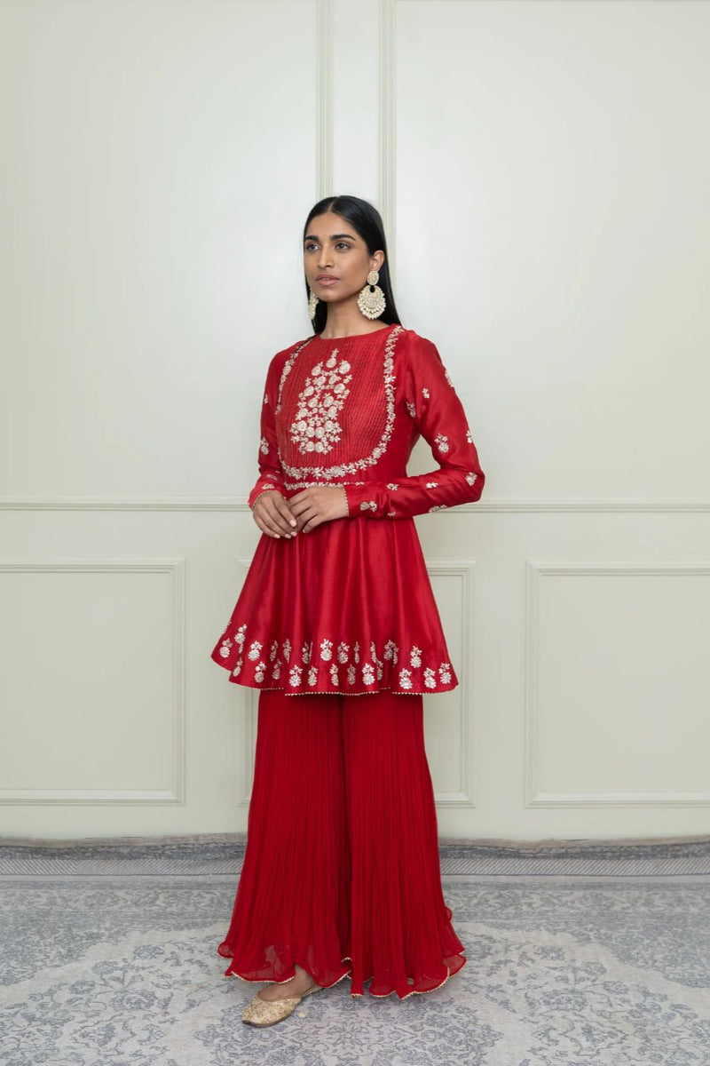 Shahana Peplum kurta with garara and dupatta-Scarlet red & pumpkin orange silk by SHEETAL BATRA in red color for women Worldwide