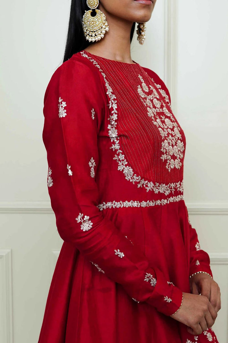 Shahana Peplum kurta with garara and dupatta-Scarlet red & pumpkin orange silk by SHEETAL BATRA in red color for women Worldwide