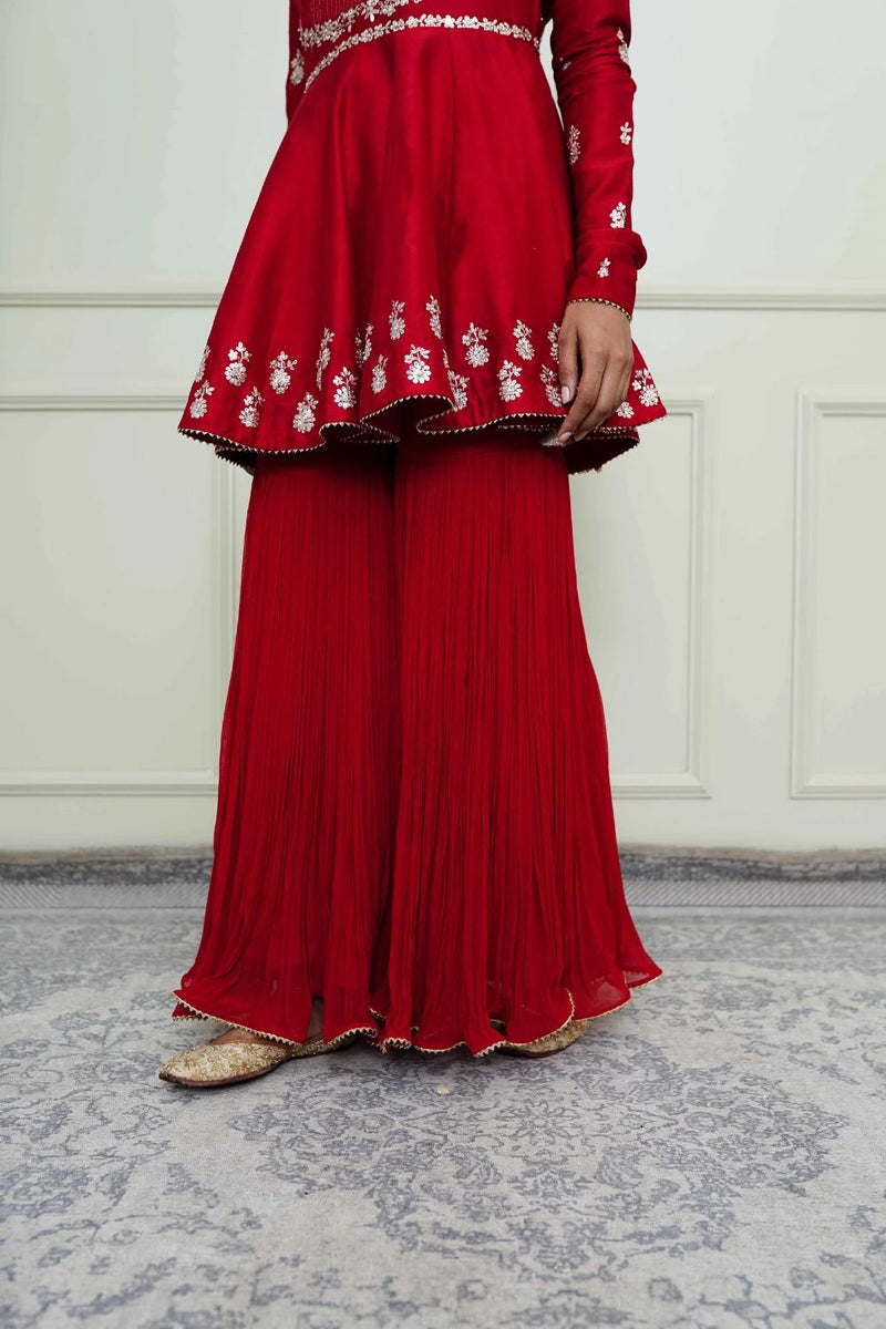 Shahana Peplum kurta with garara and dupatta-Scarlet red & pumpkin orange silk by SHEETAL BATRA in red color for women Worldwide