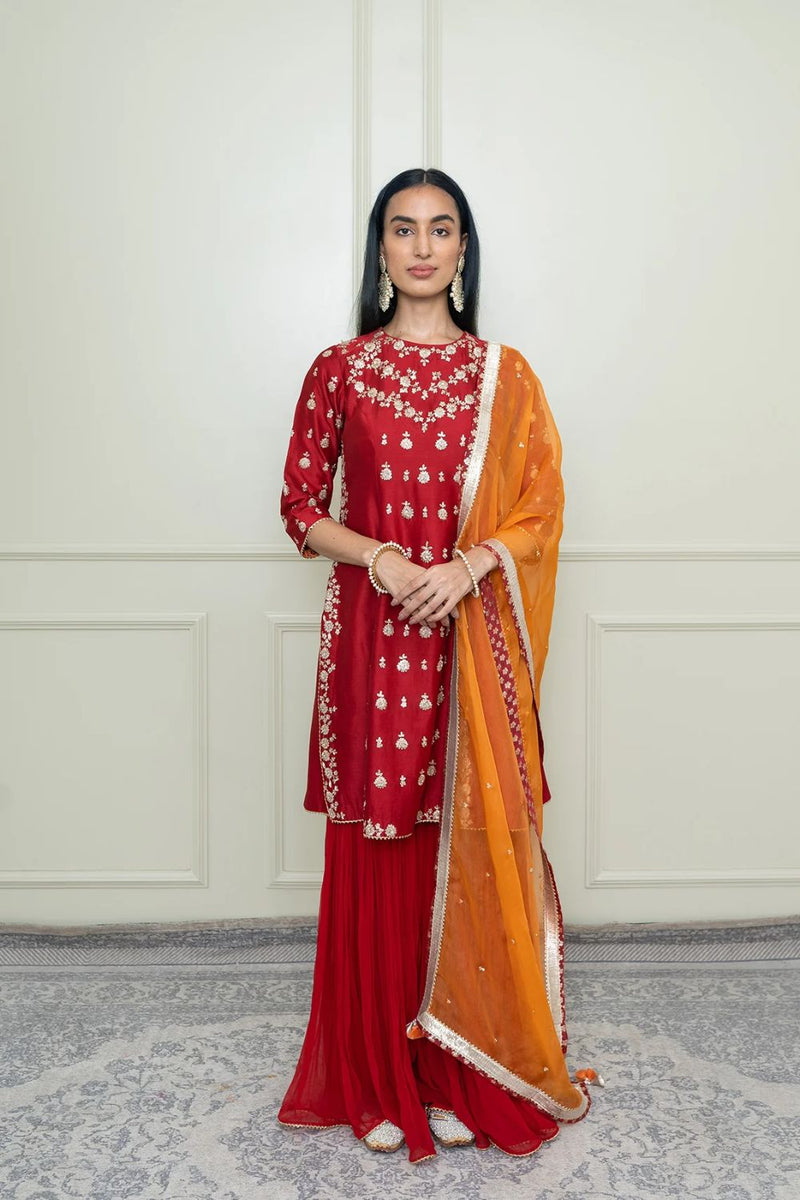 Shahira A-Line kurta with garara and dupatta-Scarlet Red & Pumpkin Orange silk by SHEETAL BATRA in red color for women Worldwide