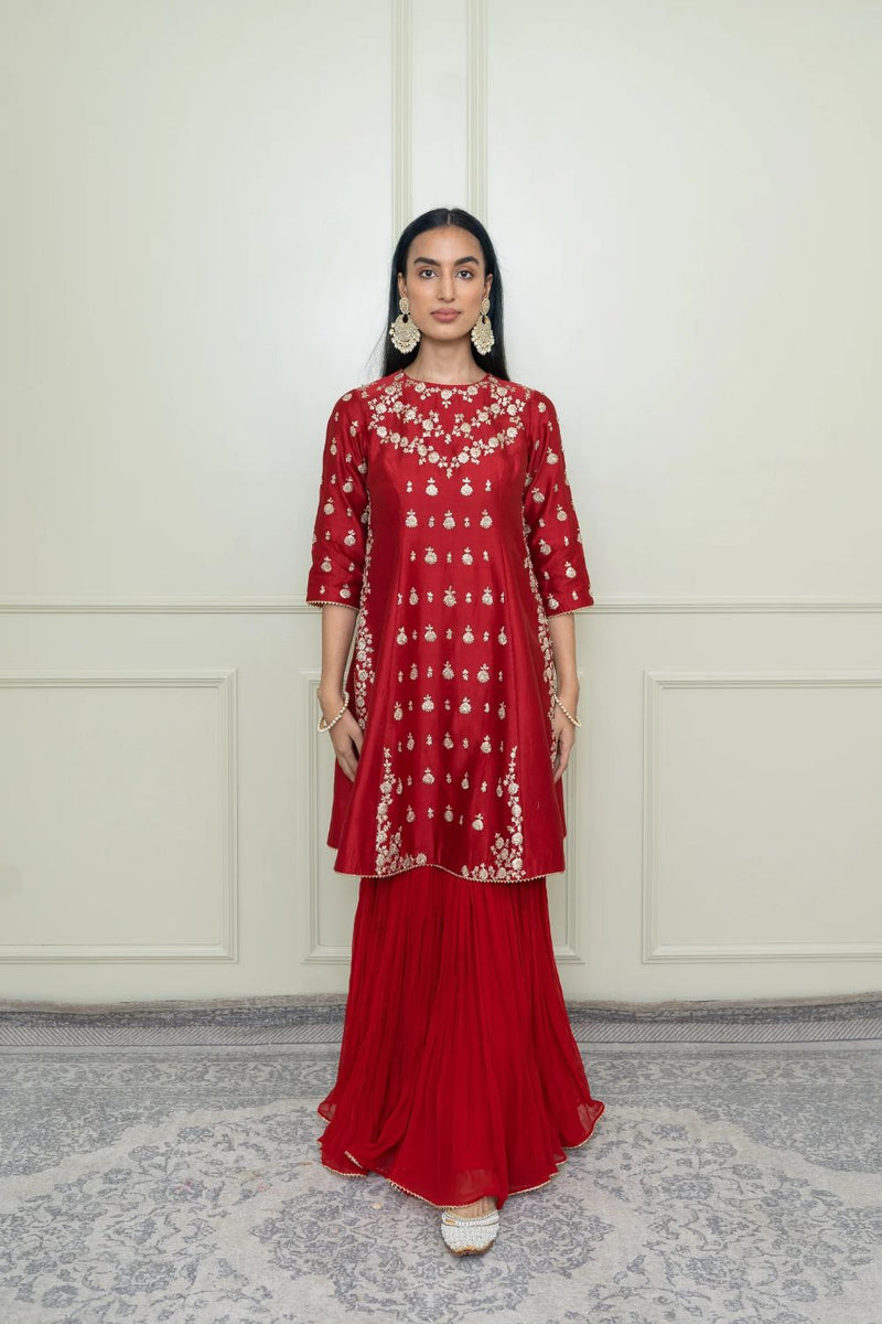 Shahira A-Line kurta with garara and dupatta-Scarlet Red & Pumpkin Orange silk by SHEETAL BATRA in red color for women Worldwide