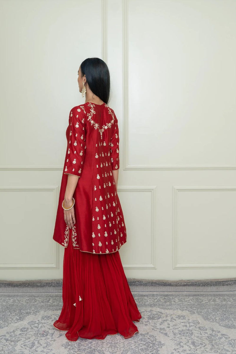 Shahira A-Line kurta with garara and dupatta-Scarlet Red & Pumpkin Orange silk by SHEETAL BATRA in red color for women Worldwide