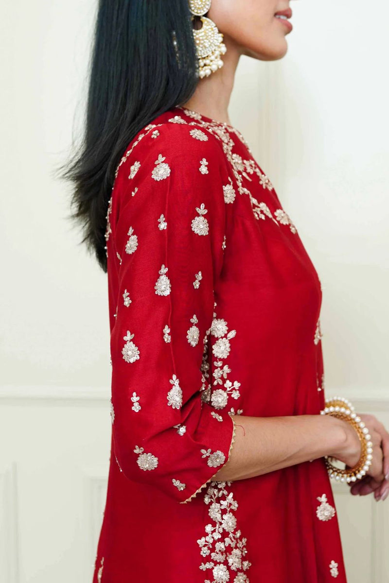 Shahira A-Line kurta with garara and dupatta-Scarlet Red & Pumpkin Orange silk by SHEETAL BATRA in red color for women Worldwide