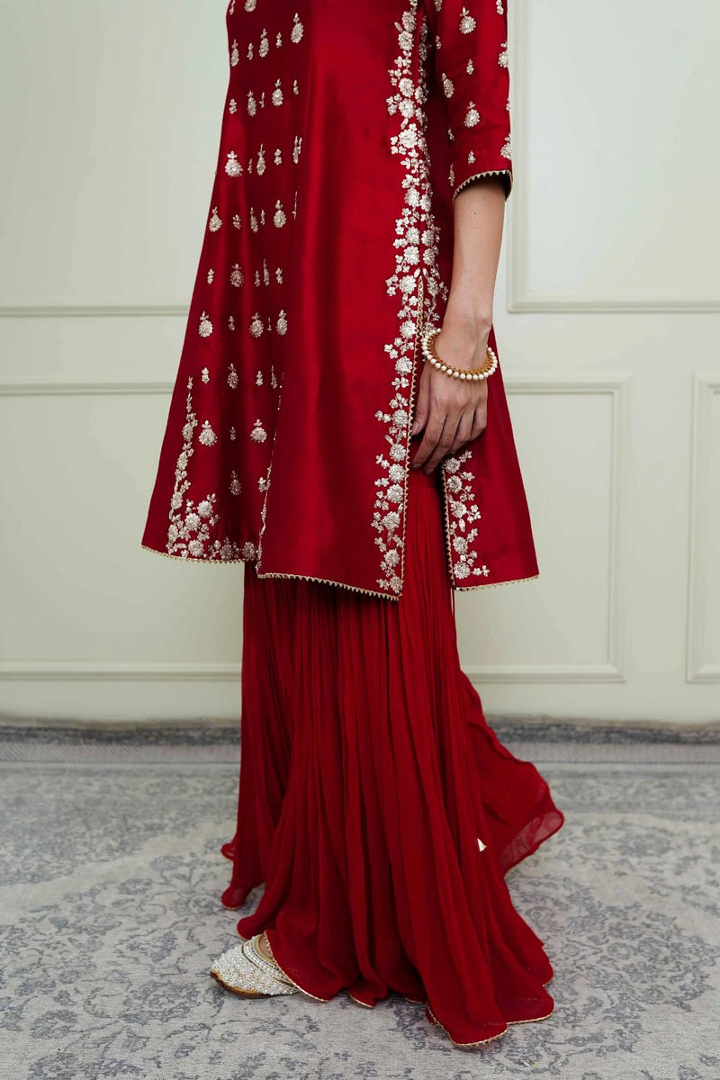 Shahira A-Line kurta with garara and dupatta-Scarlet Red & Pumpkin Orange silk by SHEETAL BATRA in red color for women Worldwide