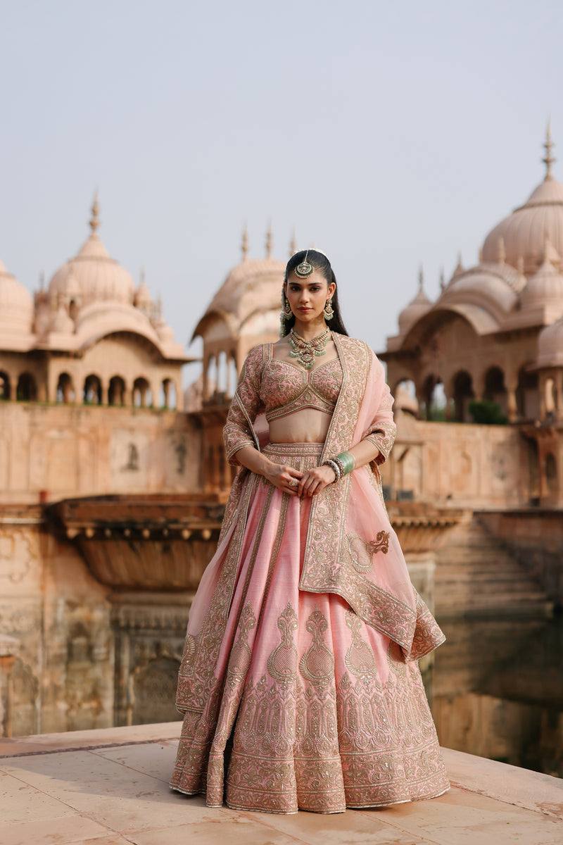 Jannah-Pink Lehenga Set With Blouse And Dupatta raw silk lehenga sets by SHEETAL BATRA in pink for women Worldwide