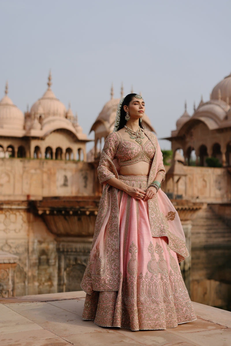 Jannah-Pink Lehenga Set With Blouse And Dupatta raw silk lehenga sets by SHEETAL BATRA in pink for women Worldwide