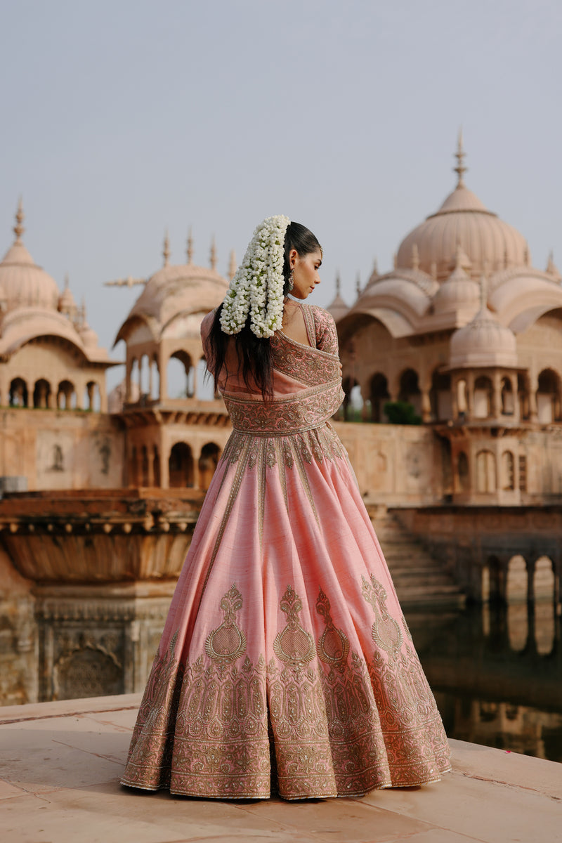 Jannah-Pink Lehenga Set With Blouse And Dupatta raw silk lehenga sets by SHEETAL BATRA in pink for women Worldwide