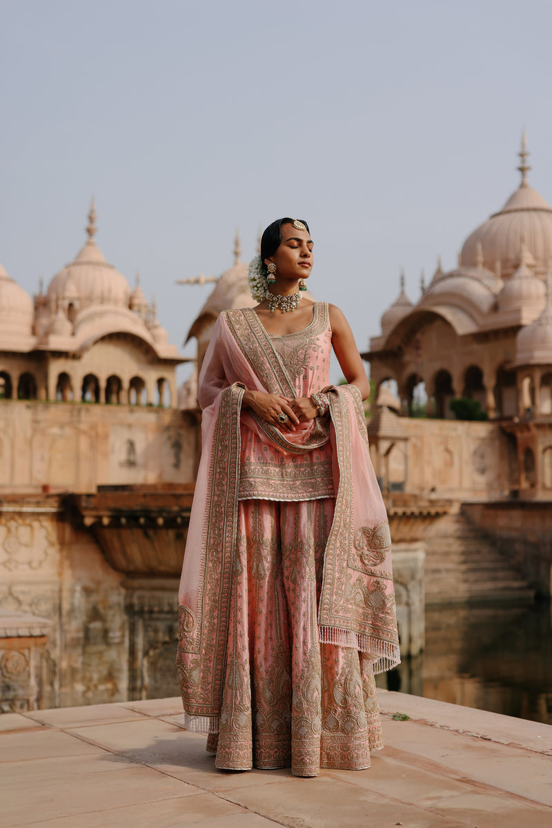 Tasnim-Pink Kurta Set With Sharara And Dupatta silk chanderi, silk organza kurta/kurta set by SHEETAL BATRA in pink for women Worldwide