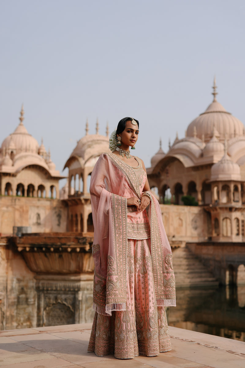 Tasnim-Pink Kurta Set With Sharara And Dupatta silk chanderi, silk organza kurta/kurta set by SHEETAL BATRA in pink for women Worldwide