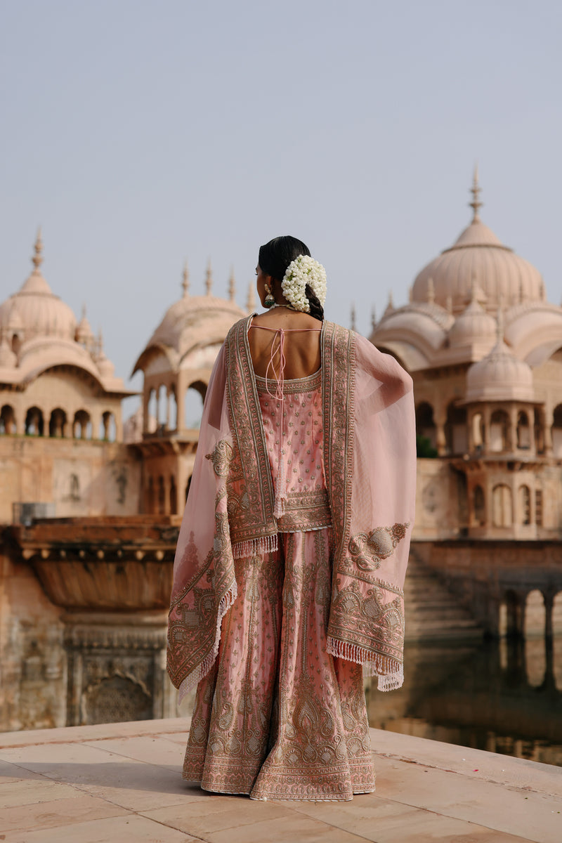 Tasnim-Pink Kurta Set With Sharara And Dupatta silk chanderi, silk organza kurta/kurta set by SHEETAL BATRA in pink for women Worldwide