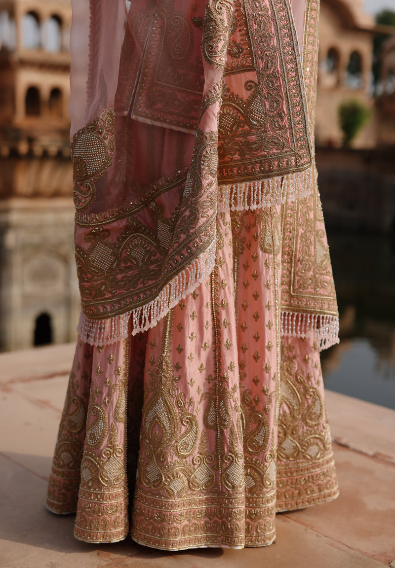 Tasnim-Pink Kurta Set With Sharara And Dupatta silk chanderi, silk organza kurta/kurta set by SHEETAL BATRA in pink for women Worldwide