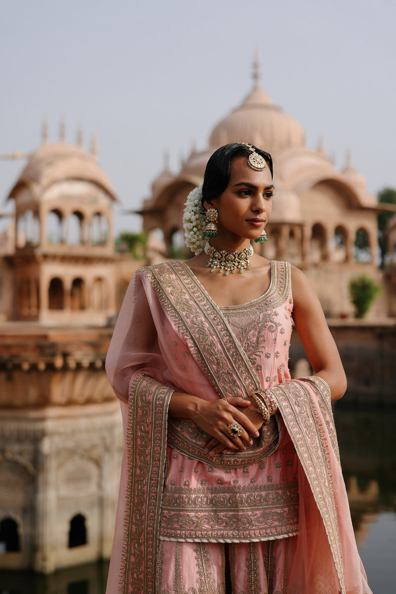 Tasnim-Pink Kurta Set With Sharara And Dupatta silk chanderi, silk organza kurta/kurta set by SHEETAL BATRA in pink for women Worldwide
