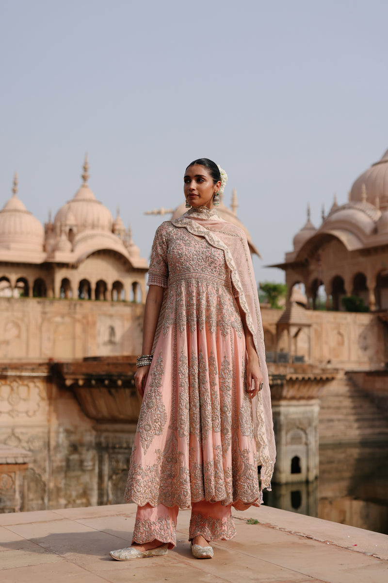Mahrosh-Pink Kalidaar Anarkali Set With Palazzo And Dupatta silk chanderi, silk organza kurta/kurta set by SHEETAL BATRA in pink for women Worldwide