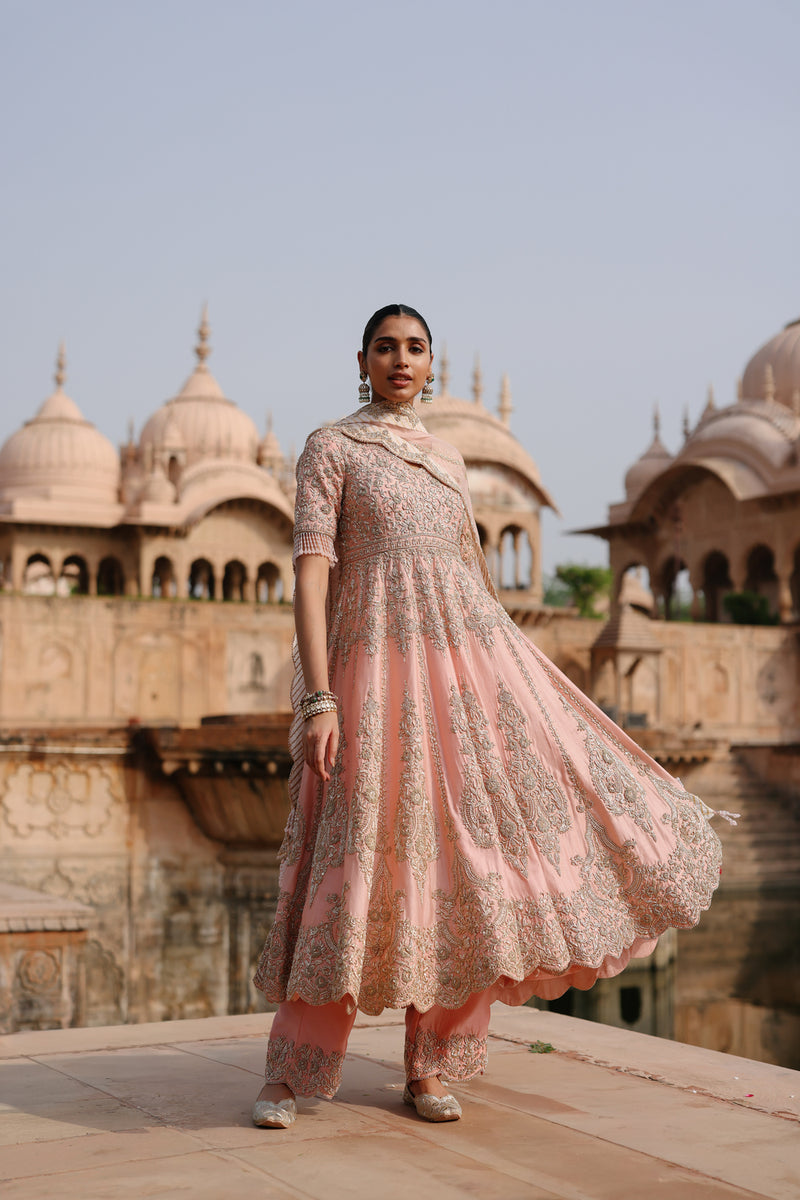 Mahrosh-Pink Kalidaar Anarkali Set With Palazzo And Dupatta silk chanderi, silk organza kurta/kurta set by SHEETAL BATRA in pink for women Worldwide