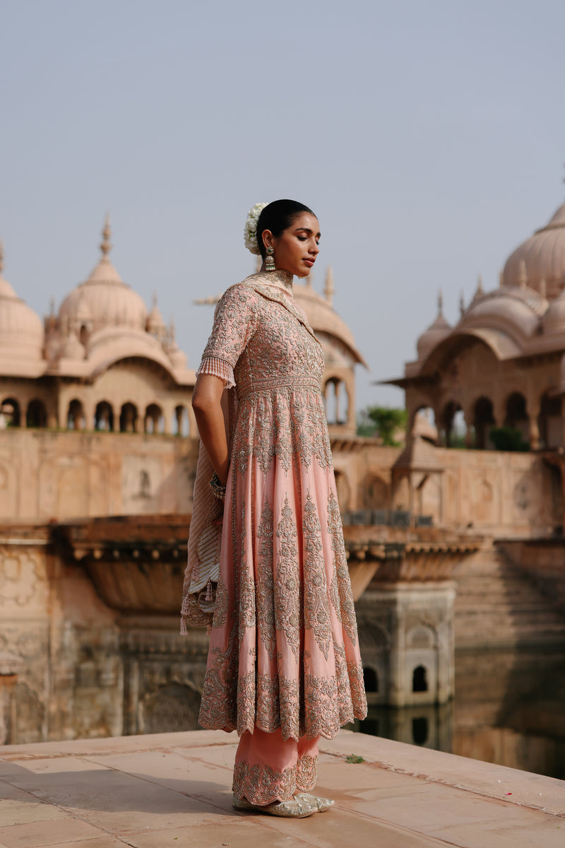 Mahrosh-Pink Kalidaar Anarkali Set With Palazzo And Dupatta silk chanderi, silk organza kurta/kurta set by SHEETAL BATRA in pink for women Worldwide