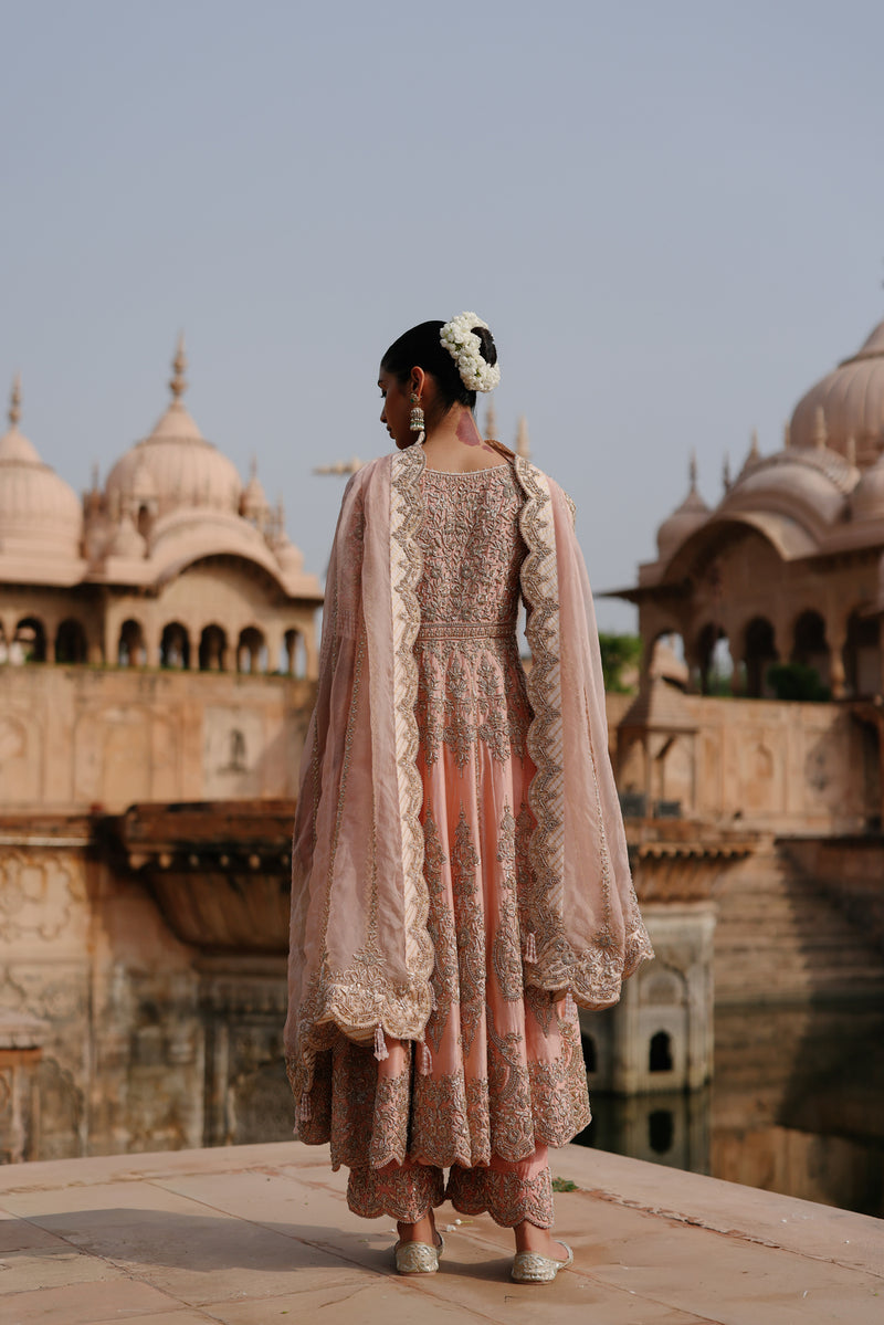 Mahrosh-Pink Kalidaar Anarkali Set With Palazzo And Dupatta silk chanderi, silk organza kurta/kurta set by SHEETAL BATRA in pink for women Worldwide