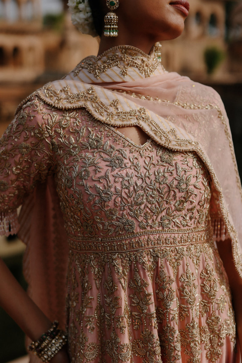 Mahrosh-Pink Kalidaar Anarkali Set With Palazzo And Dupatta silk chanderi, silk organza kurta/kurta set by SHEETAL BATRA in pink for women Worldwide
