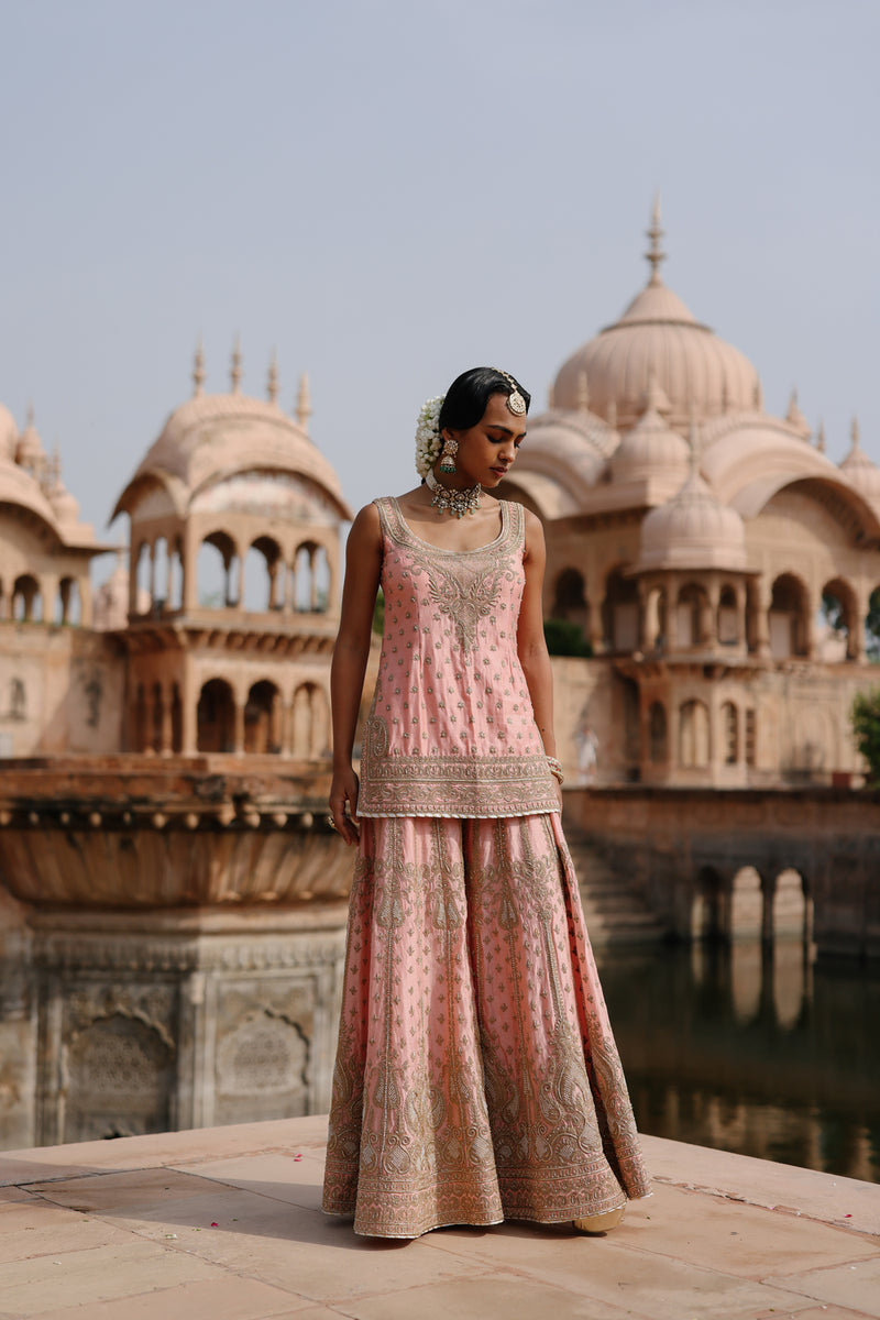 Tasnim-Pink Kurta Set With Sharara And Dupatta silk chanderi, silk organza kurta/kurta set by SHEETAL BATRA in pink for women Worldwide