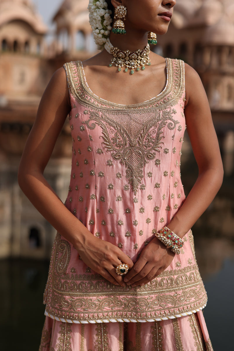 Tasnim-Pink Kurta Set With Sharara And Dupatta silk chanderi, silk organza kurta/kurta set by SHEETAL BATRA in pink for women Worldwide