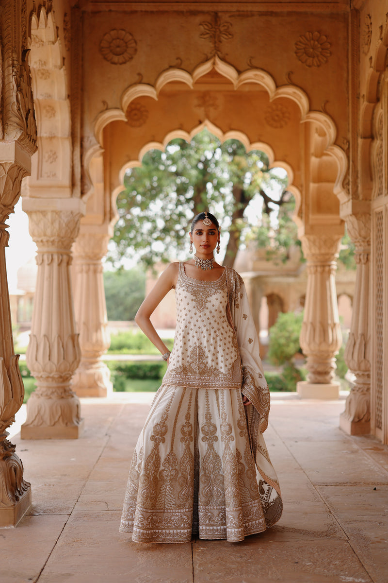 Shabnam-Daisy Ivory Kurta Set With Sharara And Dupatta silk chanderi kurta/kurta set by SHEETAL BATRA in ivory for women Worldwide