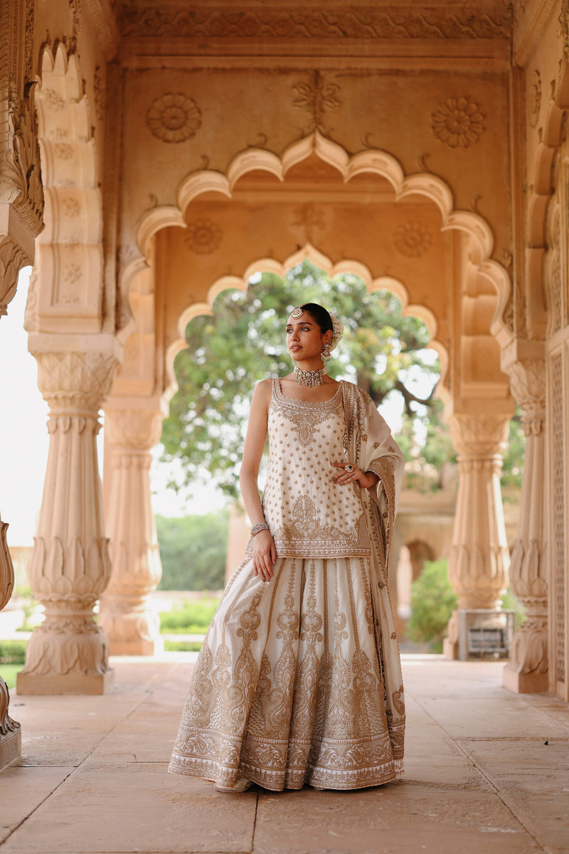 Shabnam-Daisy Ivory Kurta Set With Sharara And Dupatta silk chanderi kurta/kurta set by SHEETAL BATRA in ivory for women Worldwide