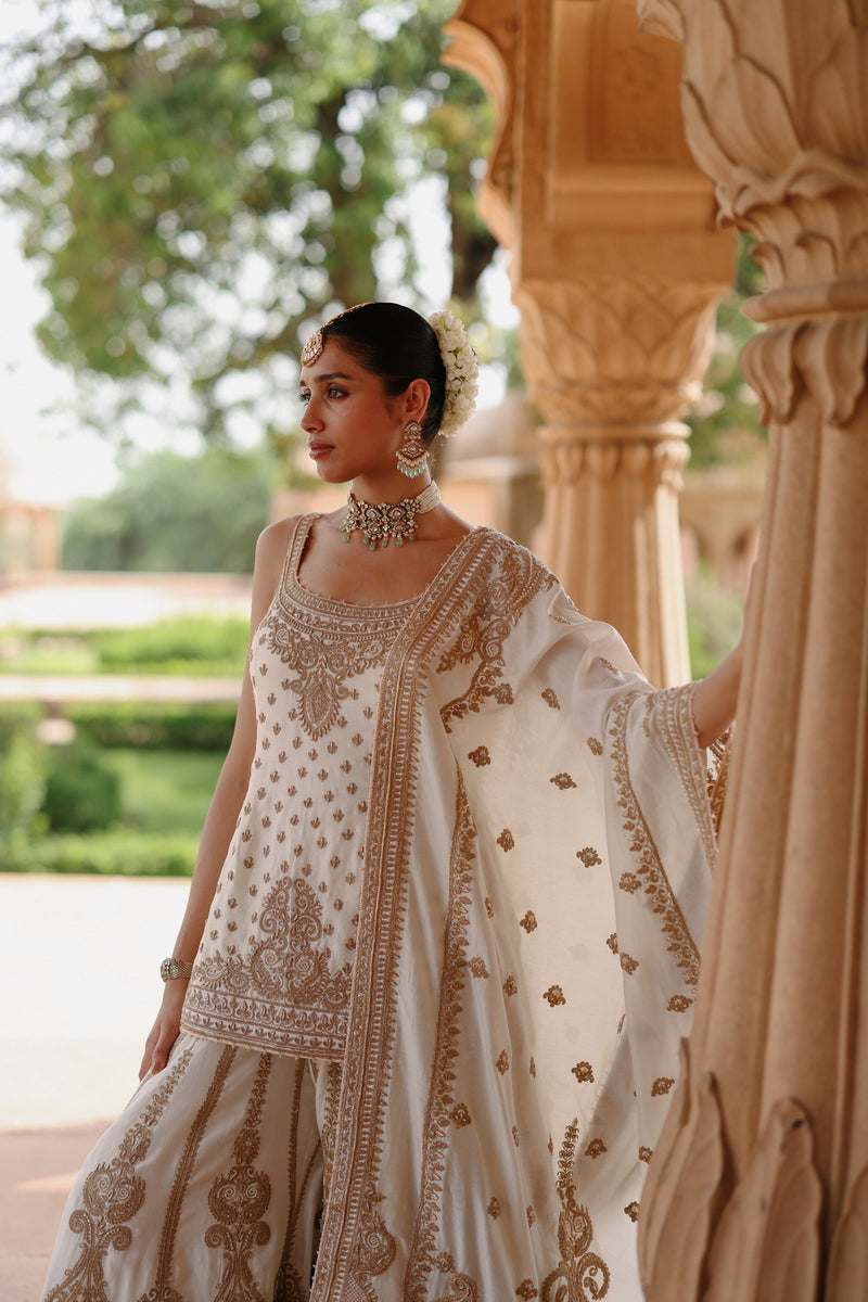 Shabnam-Daisy Ivory Kurta Set With Sharara And Dupatta silk chanderi kurta/kurta set by SHEETAL BATRA in ivory for women Worldwide