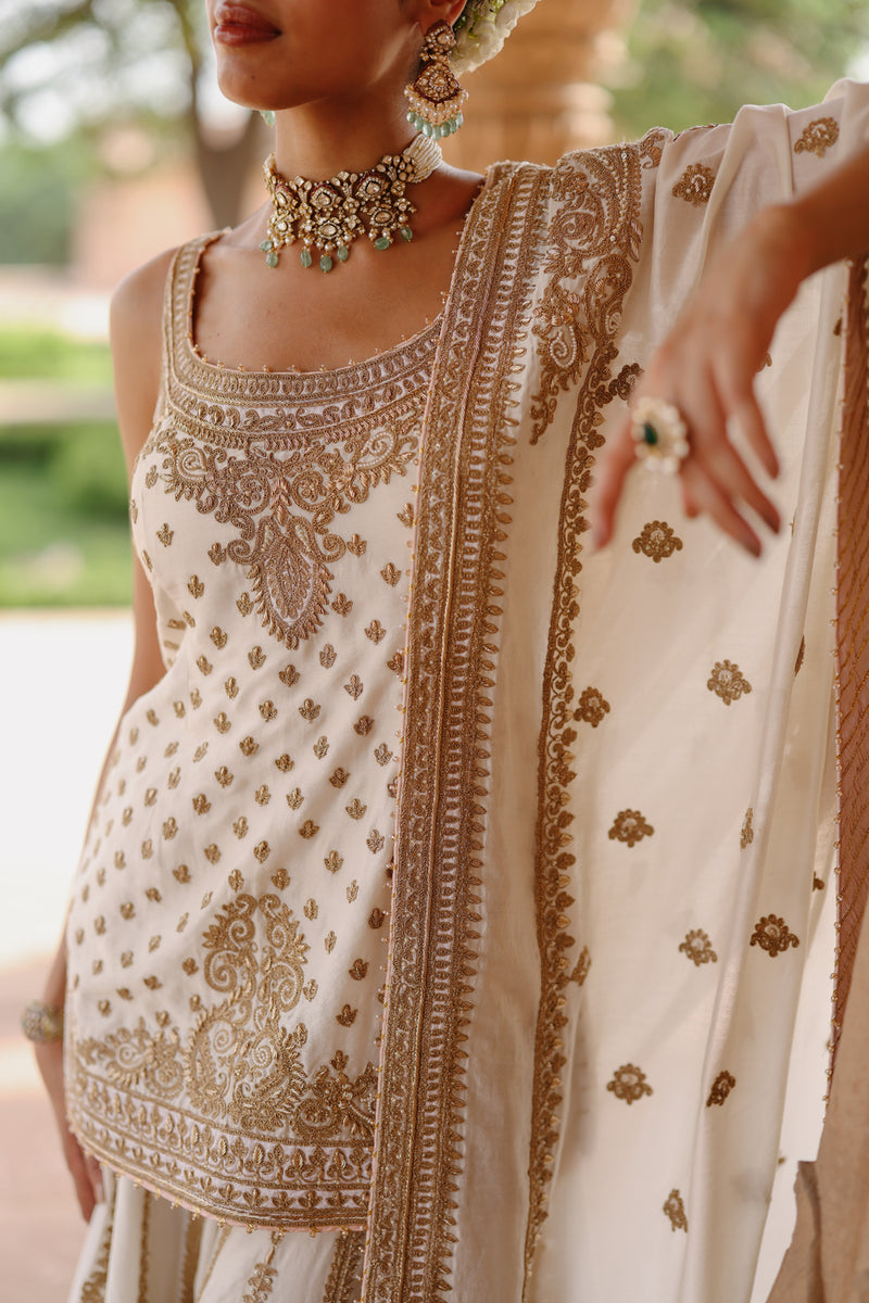 Shabnam-Daisy Ivory Kurta Set With Sharara And Dupatta silk chanderi kurta/kurta set by SHEETAL BATRA in ivory for women Worldwide