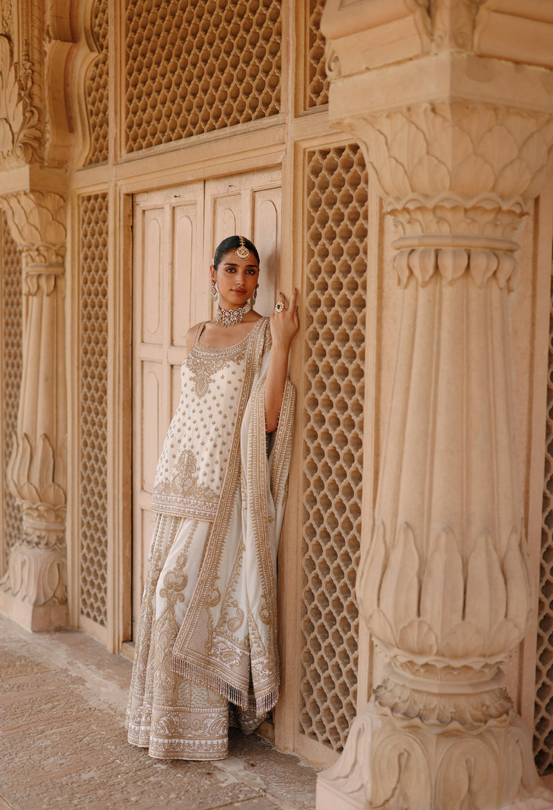 Shabnam-Daisy Ivory Kurta Set With Sharara And Dupatta silk chanderi kurta/kurta set by SHEETAL BATRA in ivory for women Worldwide