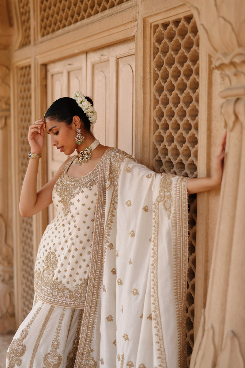 Shabnam-Daisy Ivory Kurta Set With Sharara And Dupatta silk chanderi kurta/kurta set by SHEETAL BATRA in ivory for women Worldwide