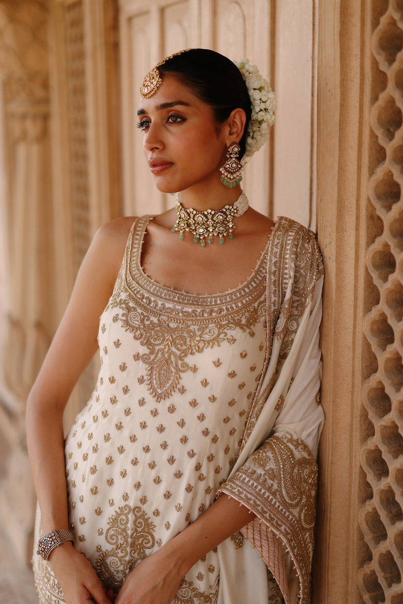 Shabnam-Daisy Ivory Kurta Set With Sharara And Dupatta silk chanderi kurta/kurta set by SHEETAL BATRA in ivory for women Worldwide