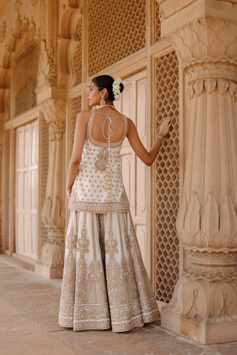 Shabnam-Daisy Ivory Kurta Set With Sharara And Dupatta silk chanderi kurta/kurta set by SHEETAL BATRA in ivory for women Worldwide
