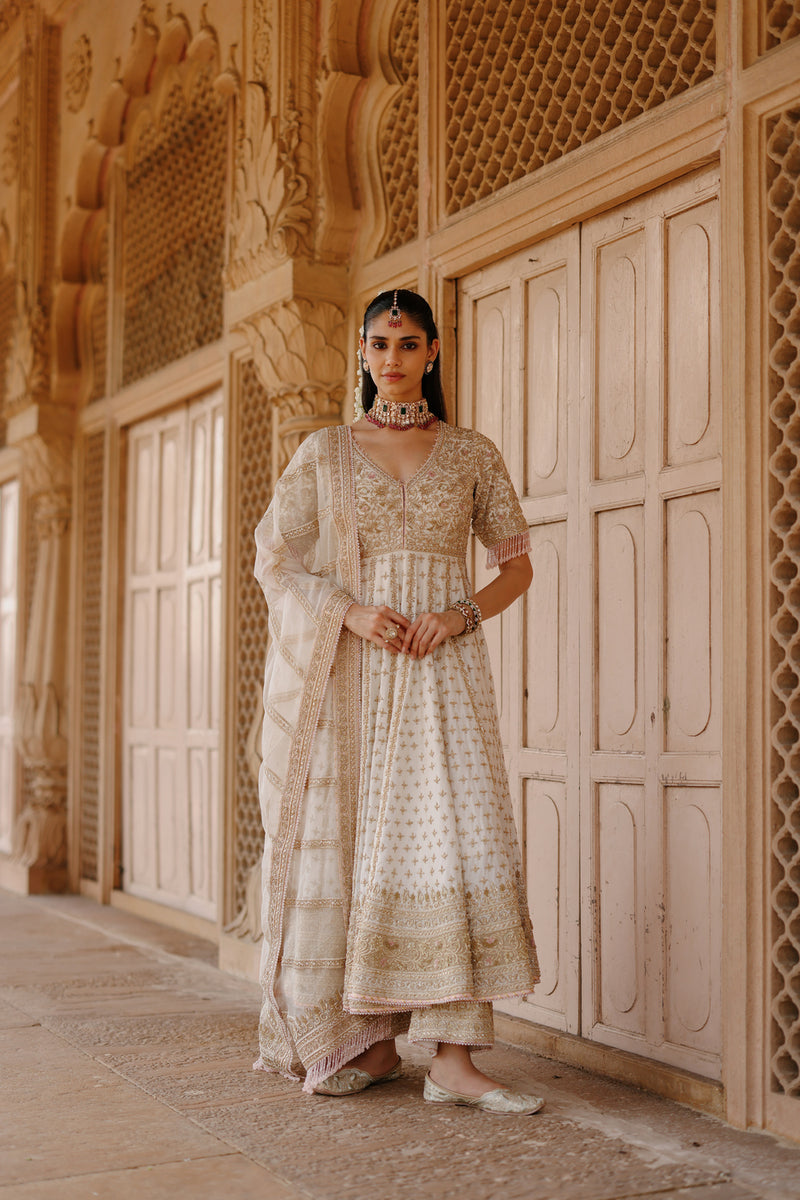 Nafees-Daisy Ivory Kalidaar Anarkali Set With Palazzo And Dupatta silk chanderi, silk organza kurta/kurta set by SHEETAL BATRA in ivory for women Worldwide