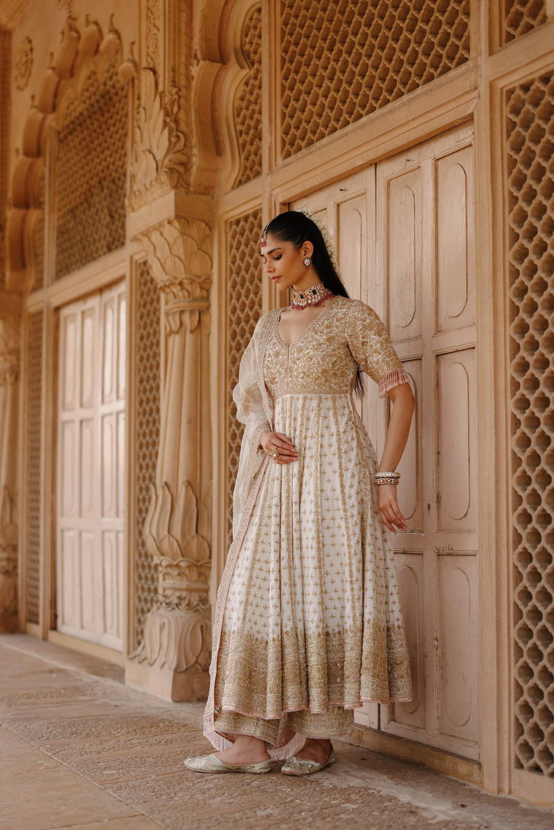 Nafees-Daisy Ivory Kalidaar Anarkali Set With Palazzo And Dupatta silk chanderi, silk organza kurta/kurta set by SHEETAL BATRA in ivory for women Worldwide