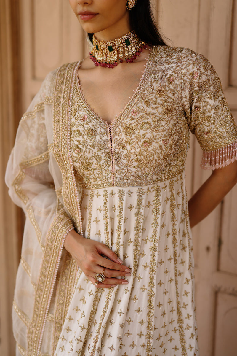 Nafees-Daisy Ivory Kalidaar Anarkali Set With Palazzo And Dupatta silk chanderi, silk organza kurta/kurta set by SHEETAL BATRA in ivory for women Worldwide