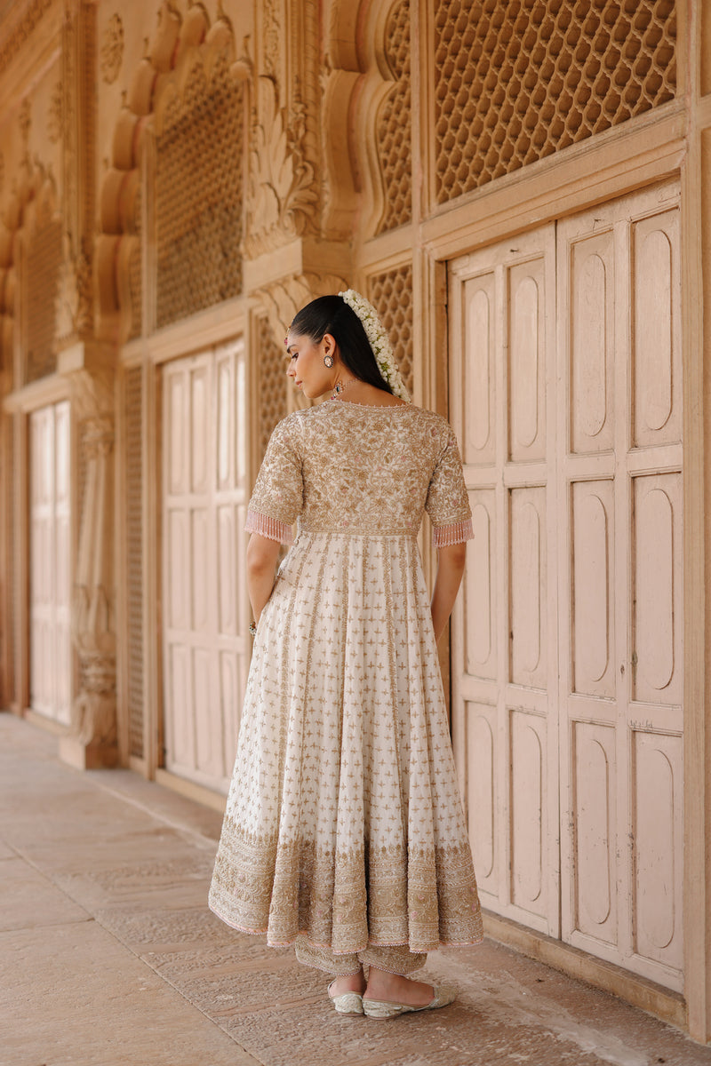 Nafees-Daisy Ivory Kalidaar Anarkali Set With Palazzo And Dupatta silk chanderi, silk organza kurta/kurta set by SHEETAL BATRA in ivory for women Worldwide