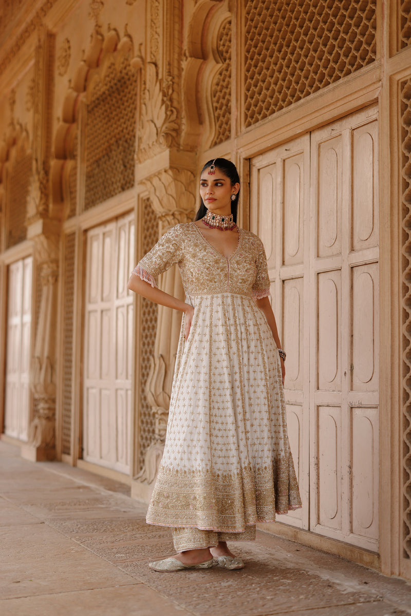Nafees-Daisy Ivory Kalidaar Anarkali Set With Palazzo And Dupatta silk chanderi, silk organza kurta/kurta set by SHEETAL BATRA in ivory for women Worldwide