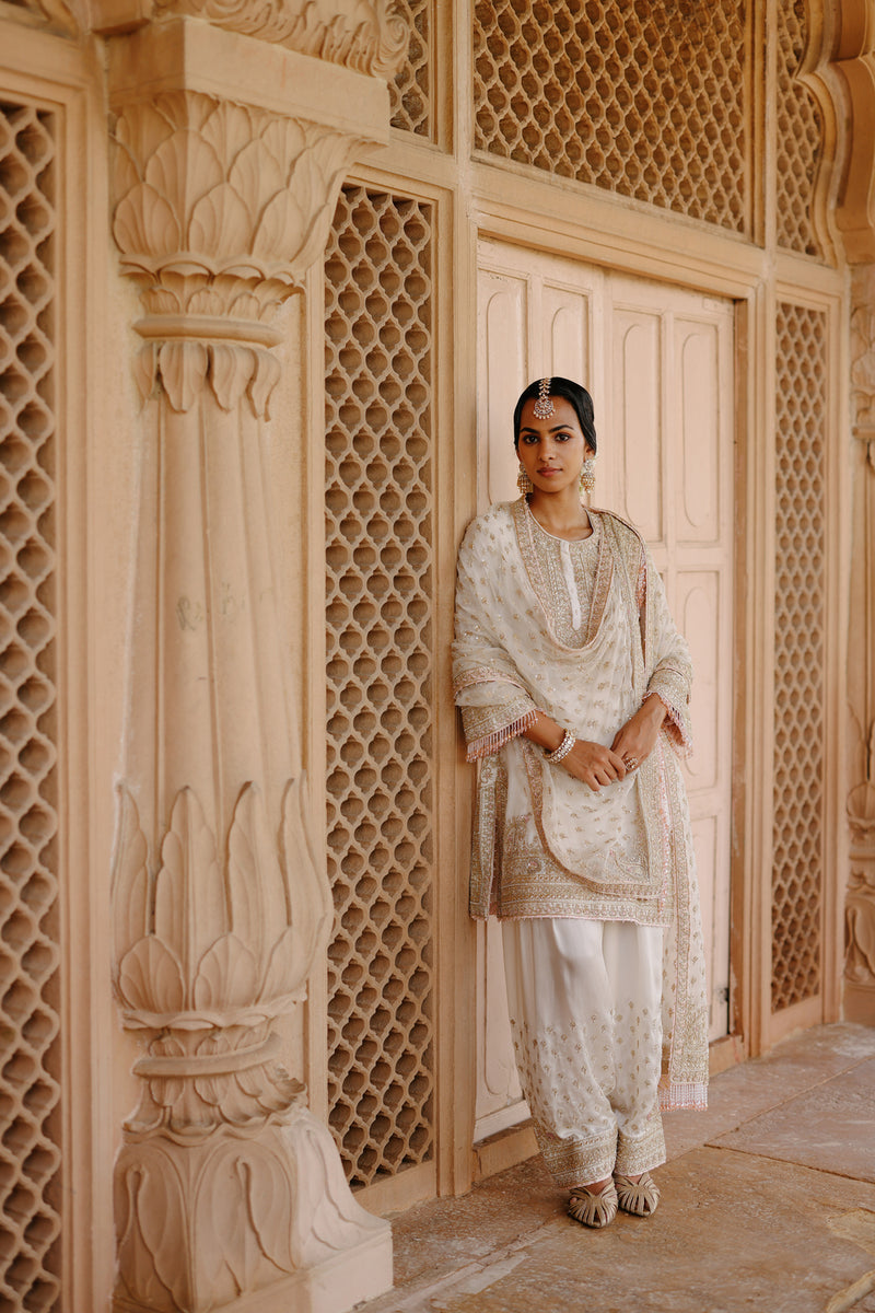 Ansha-Daisy Ivory Short Kurta Set With Salwar And Dupatta silk chanderi, silk organza kurta/kurta set by SHEETAL BATRA in ivory for women Worldwide