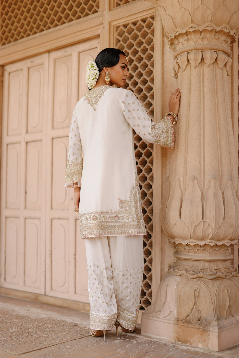 Ansha-Daisy Ivory Short Kurta Set With Salwar And Dupatta silk chanderi, silk organza kurta/kurta set by SHEETAL BATRA in ivory for women Worldwide