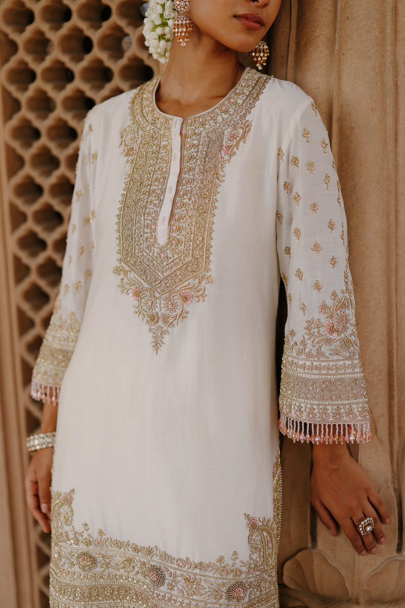 Ansha-Daisy Ivory Short Kurta Set With Salwar And Dupatta silk chanderi, silk organza kurta/kurta set by SHEETAL BATRA in ivory for women Worldwide