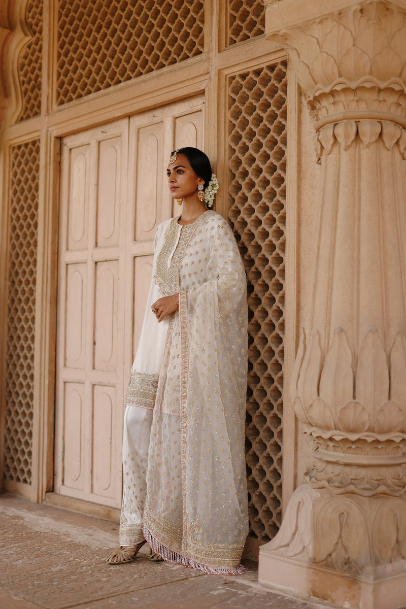 Ansha-Daisy Ivory Short Kurta Set With Salwar And Dupatta silk chanderi, silk organza kurta/kurta set by SHEETAL BATRA in ivory for women Worldwide