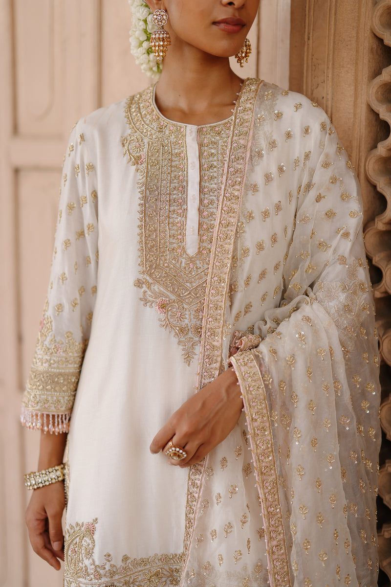 Ansha-Daisy Ivory Short Kurta Set With Salwar And Dupatta silk chanderi, silk organza kurta/kurta set by SHEETAL BATRA in ivory for women Worldwide