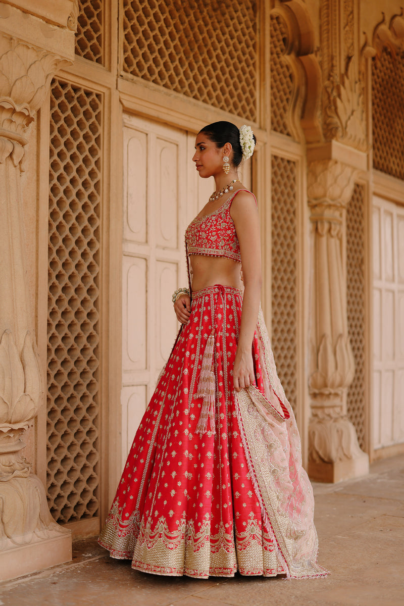 Noorbano-Hot Pink Lehenga Set With Blouse And Dupatta raw silk lehenga sets by SHEETAL BATRA in pink for women Worldwide