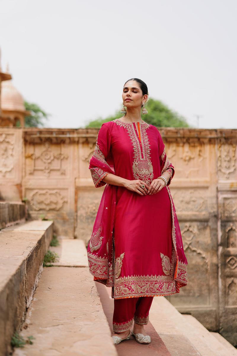 Arwa-Hot Pink Long Kurta Set With Salwar And Dupatta silk chanderi, silk organza kurta/kurta set by SHEETAL BATRA in pink for women Worldwide