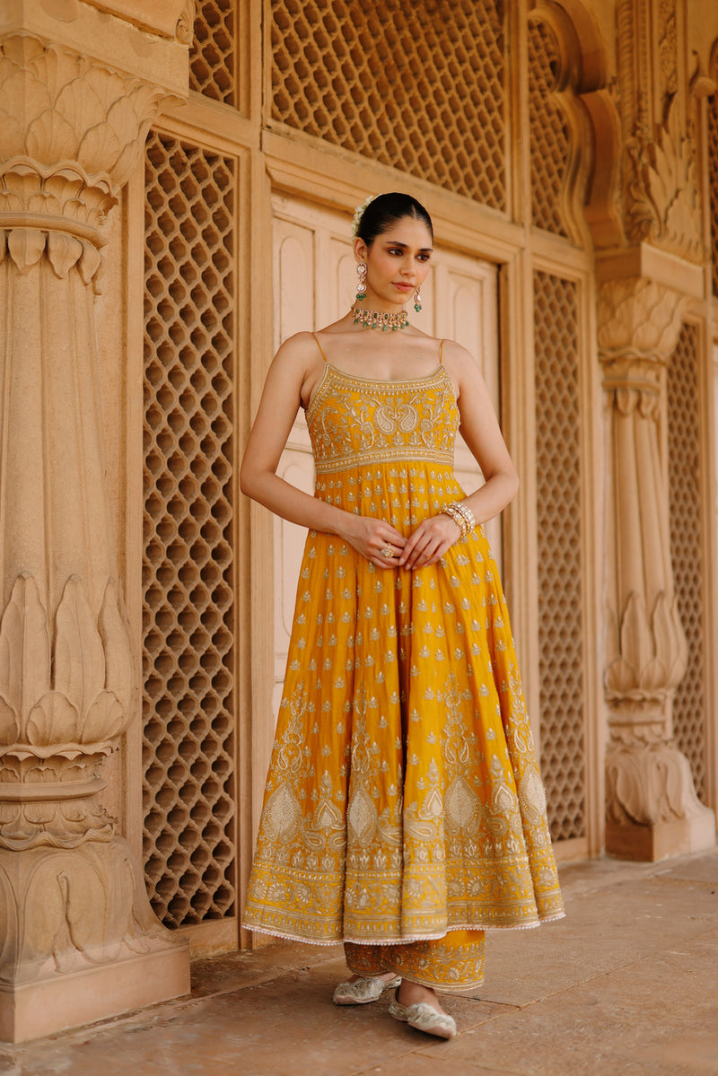 Afraa-Mustard Anarkali Set With Palazzo And Dupatta silk chanderi, silk organza kurta/kurta set by SHEETAL BATRA in mustard for women Worldwide