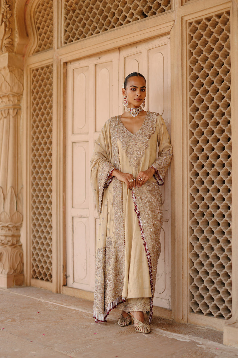 Rooh-Gold Tissue Long Kalidaar Anarkali Set With Palazzo And Dupatta silk tissue kurta/kurta set by SHEETAL BATRA in yellow for women Worldwide